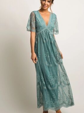 PinkBlush Sage Lace Mesh Overlay Maternity Maxi Dress, Size M